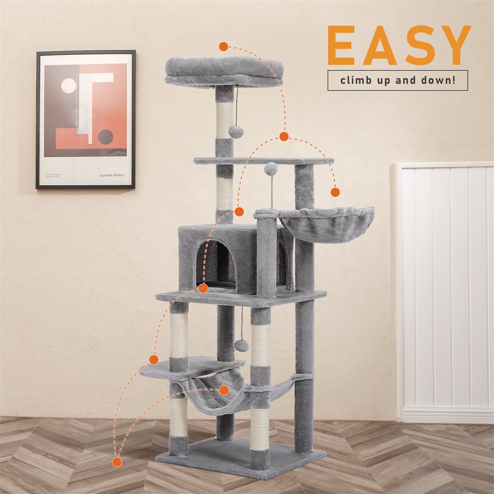 Kadyn 59" Cat Tree Tower for Indoor Cats, Plush Multi-Level Cat Condo with 6 Scratching Posts, Perches, Caves, Hammock, Gray
