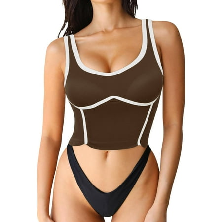 QYZEU Tops for Women Trendy Color Block Vest Tops Square Neck Slim Fit Sports Bra Padded Basic Workout Crop Tank Top Soft Breathable Lightweight Tops Coffee One Size