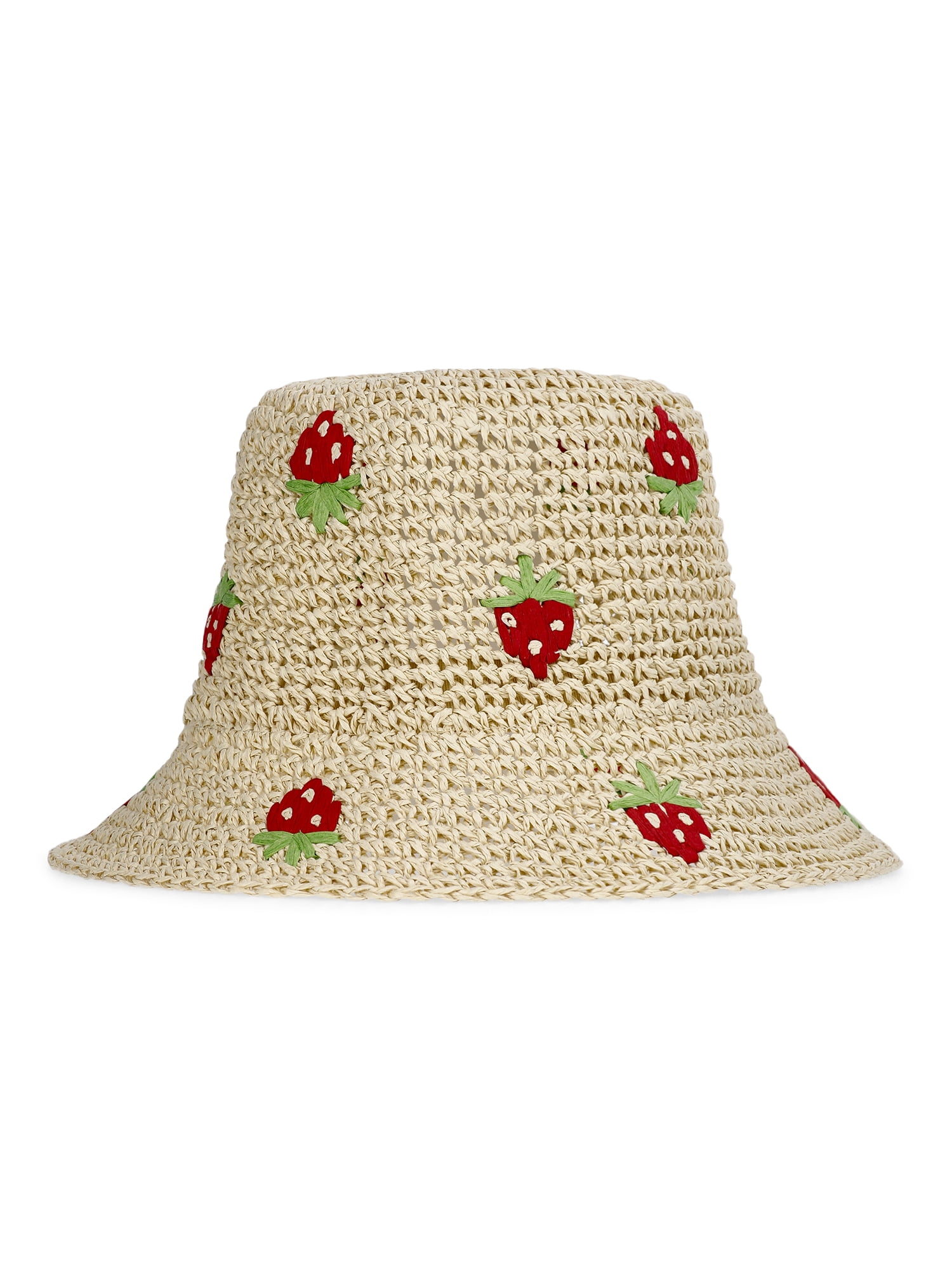 No Boundaries Straw Bucket Hat, Women's, Natural/Strawberry