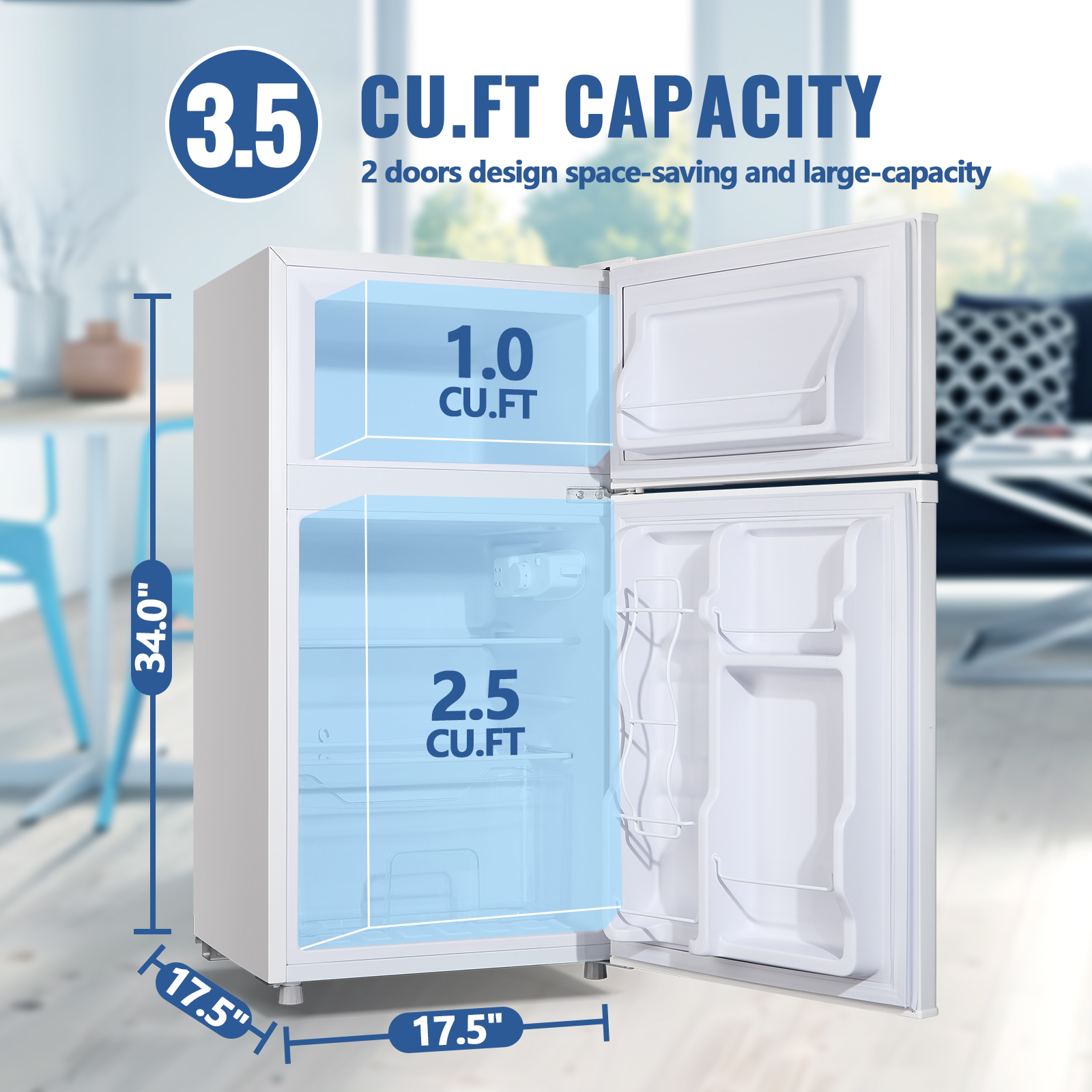 JIEJIA 3.5 Cu.ft Two Door Mini Refrigerator with Freezer, Compact Small Fridge Adjustable Removable Shelves, White