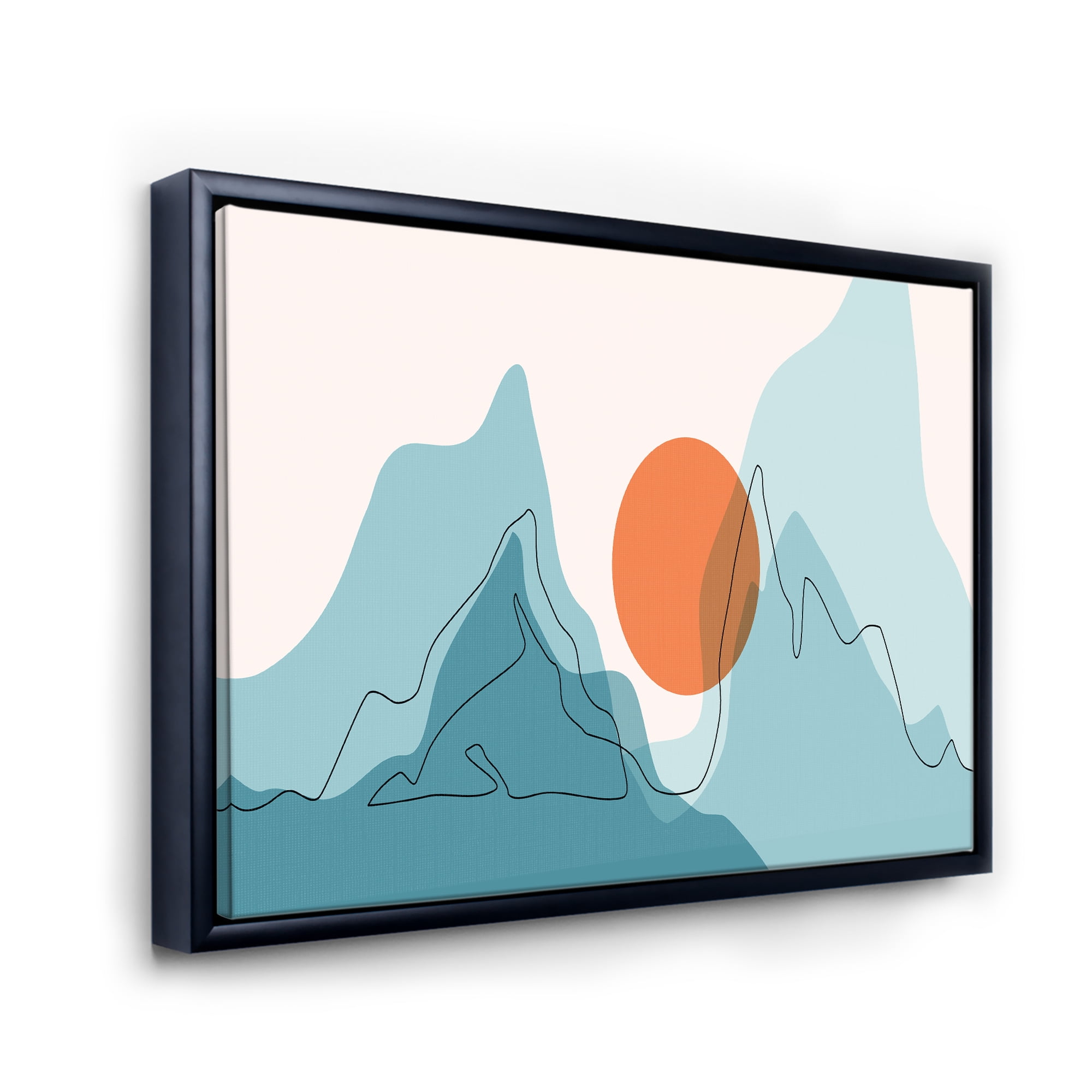 Designart 'Abstract Blue Mountains With Red Moon I' Modern Framed Canvas Wall Art Print