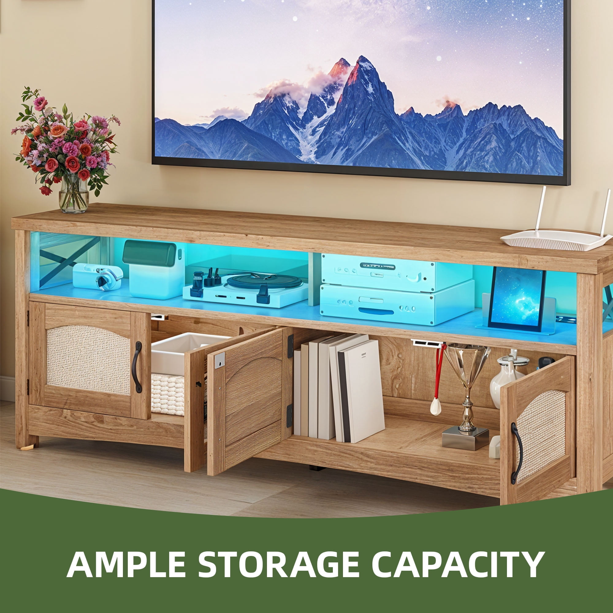 Uforic Farmhouse TV Stand for 65 inch TV, Entertainment Center with LED Light, TV Media Console Cabinet, 59" Oak