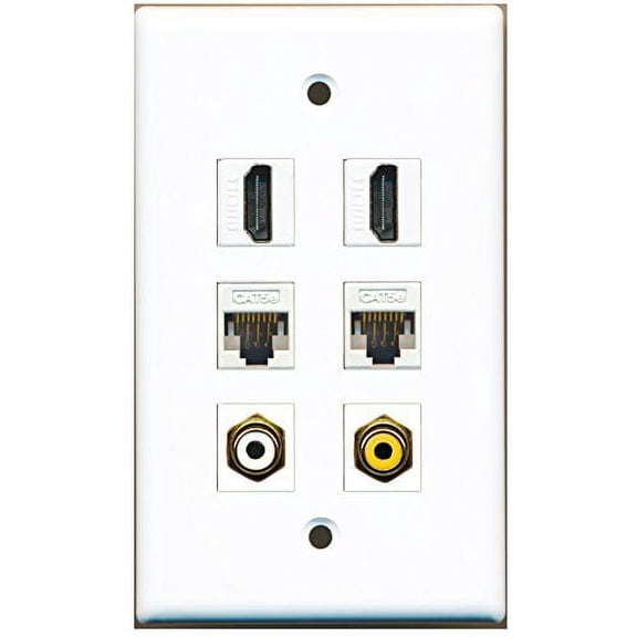 RiteAV - 2 HDMI 1 Port RCA White 1 Port RCA Yellow 2 Port Cat5e Ethernet White Wall Plate