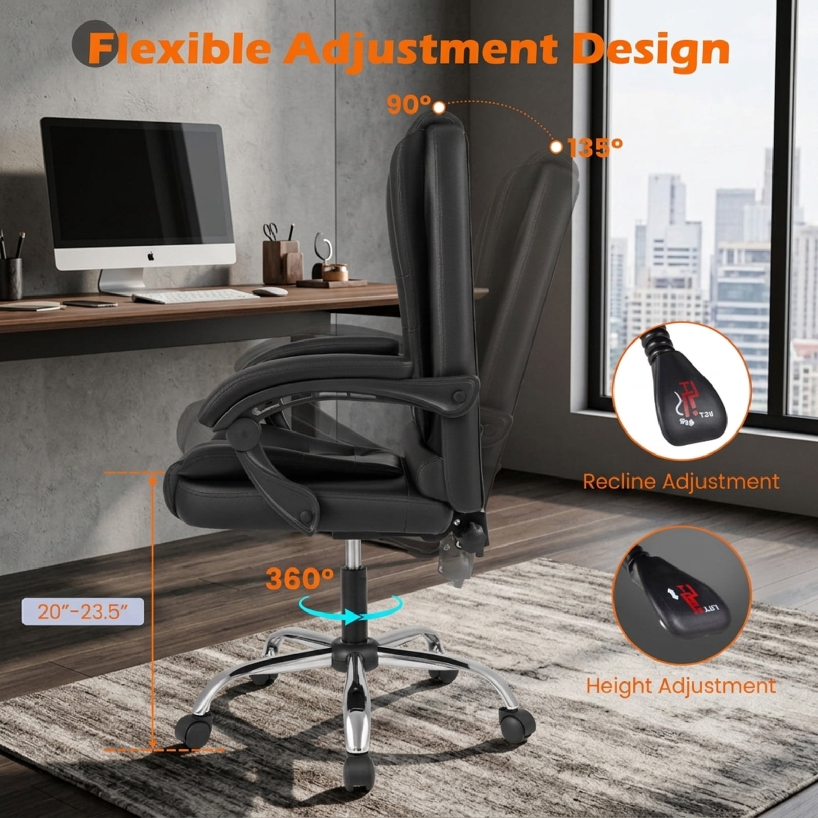 Furnibear High Back Executive Office Chair with Linkage Armrests Reclining Backrest PVC Leather Seat and Swivel Base for Home Office, Black