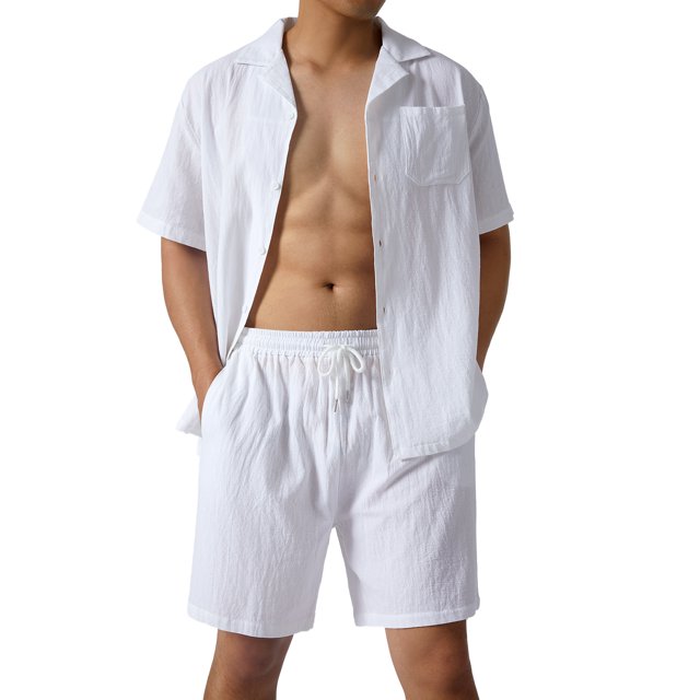 Sunloudy Conjunto de traje de 2 piezas para hombre, camisa de manga corta con cuello vuelto de color sólido + pantalones cortos para el verano Sunloudy S/M/L/XL/XXL