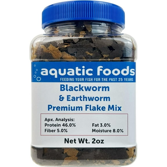 Aquatic Foods Inc. California Blackworm & Earthworm Premium Flakes for Discus, Cichlids all Community Tropical Fish also Pellet Mix, Wafer Mix Included…2oz