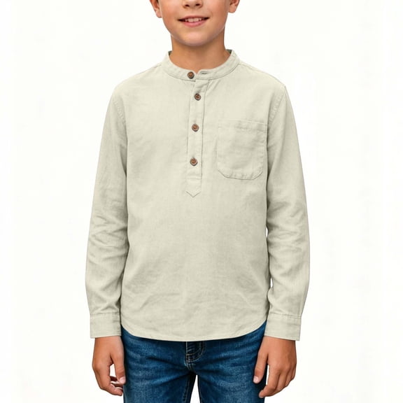 Abcomgle Boys Long Sleeve Tops 10-12 Casual Cotton Linen Henley Tshirts for Boys Winter Basic Top for Boys Button Up Boys Sweatshirts