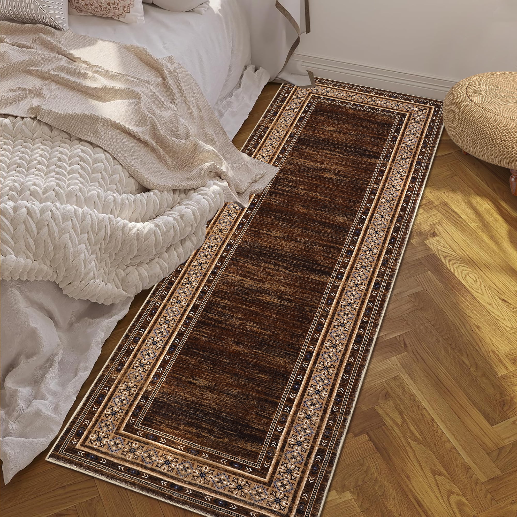 Brown Washable Runner Rug 2' × 6' – Non Slip Low Pile Stain Resistant Hallway Rug for Kitchen, Entryway, Laundry Room, Vintage Bordered Carpet for High-Traffic Areas