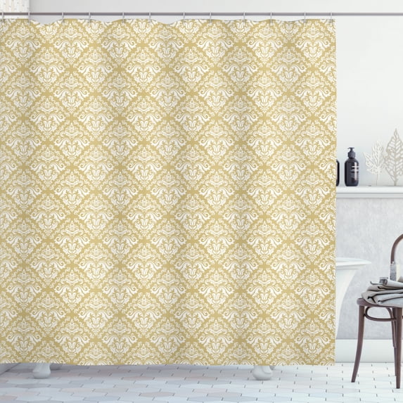 Damask Shower Curtain, Vintage and Style Soft Pastel Colored Pale Damask Figures on Coffee Background, Fabric Bathroom Set with Hooks, 69W X 84L Inches Extra Long, Tan and White, by Ambesonne