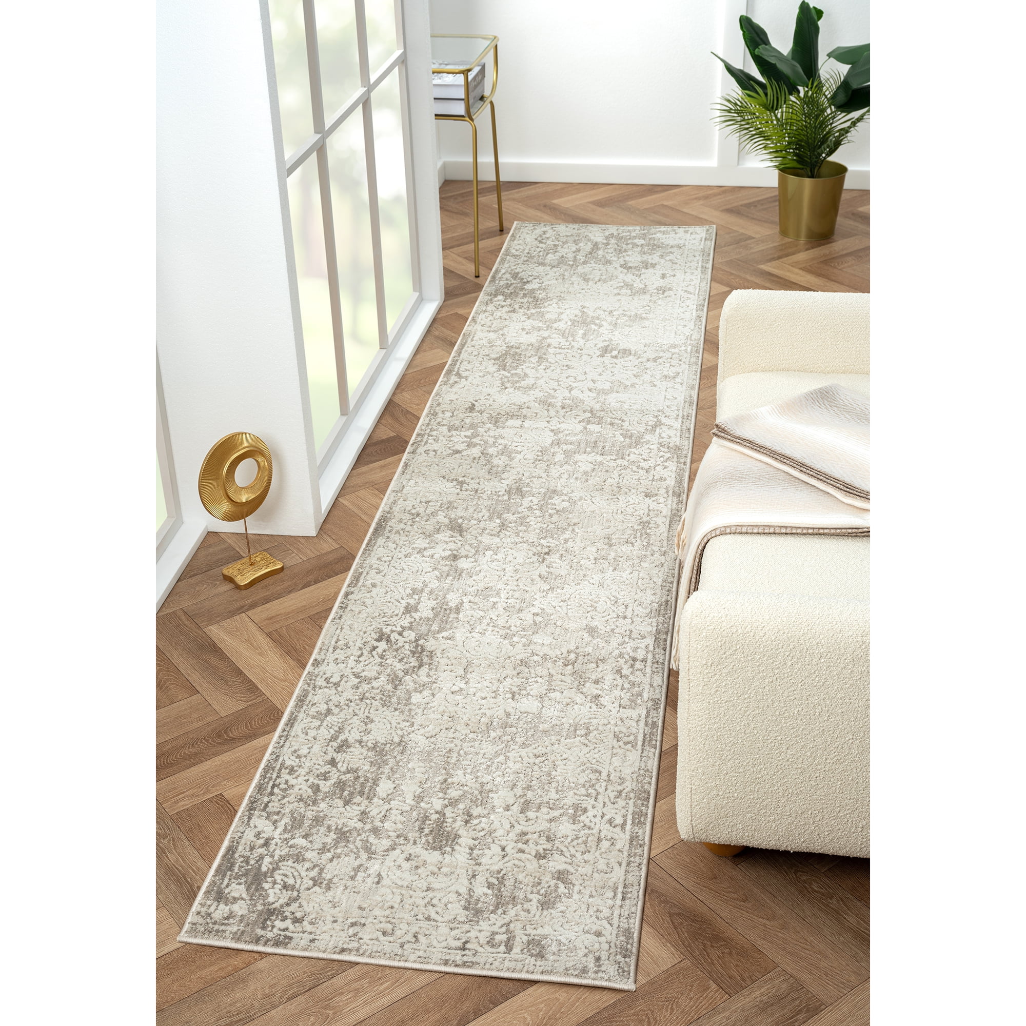Harlow Hill Claire Bordered Transitional Performance Polyester Indoor Runner Rug, Gray, 2' x 10'