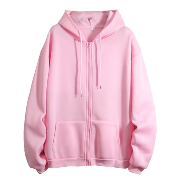 Aocisk Women Winter Warm Fashion Long Sleeve Loose Solid Color Zip Up Hoodie with Pocket Sweater Coat Pink XXL