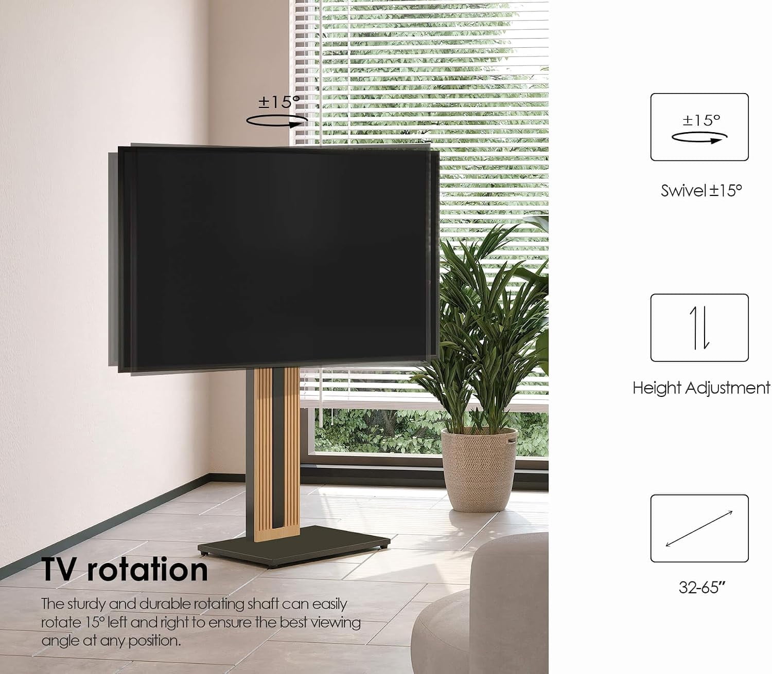 FITUEYES Zen Series Floor TV Stand for 32–65 Inch TVs, Black & Light Wood, Hidden Storage