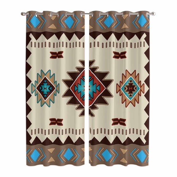 Kitchen Curtains 84 Inch Length 2 Panels, Boho Southwest Grommets Window Treatment Curtain, Farmhouse Aztec Tribe Brown Blue Plaid Thermal Curtains Drapes for Living Room/Bathroom