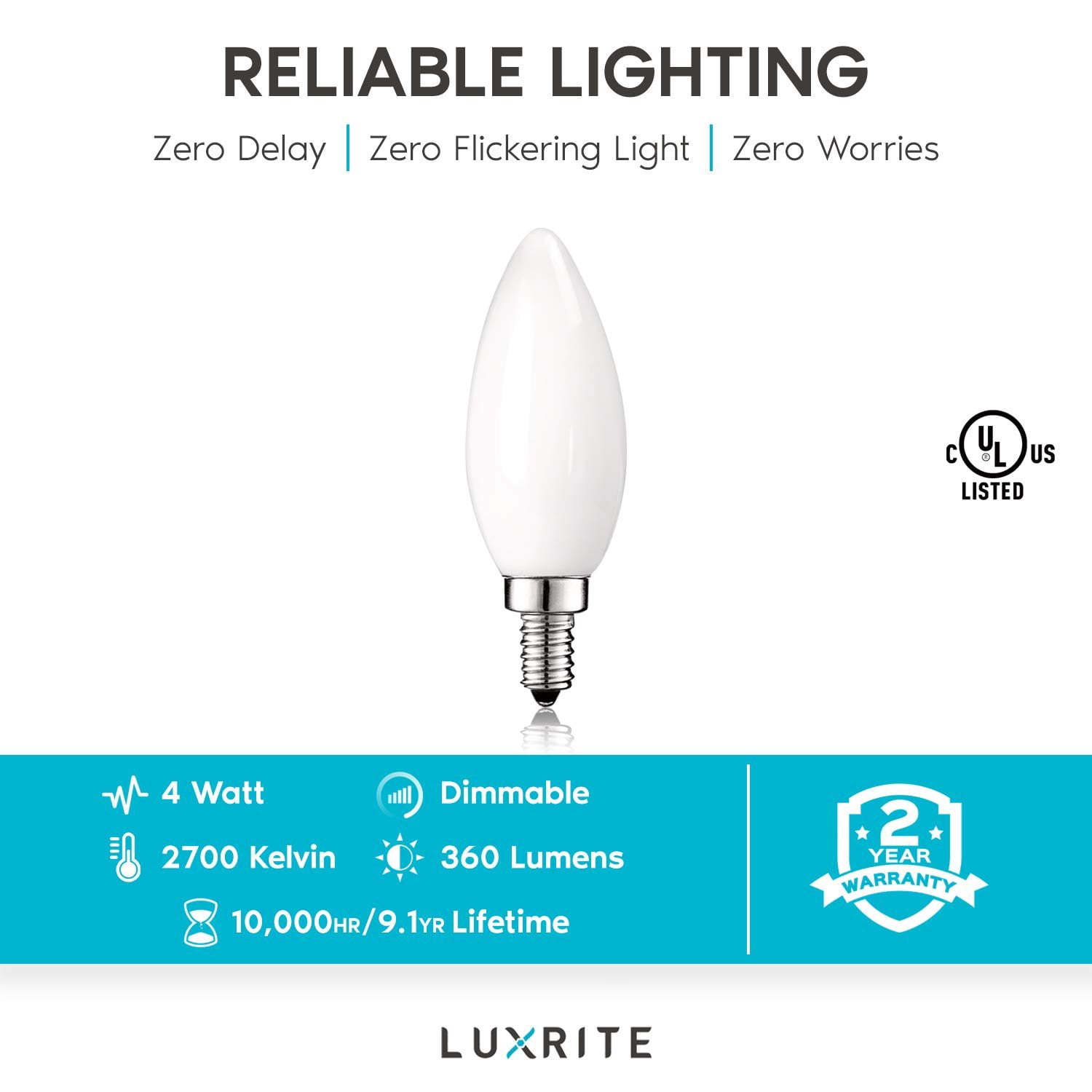 Luxrite E12 LED Chandelier Frosted Light Bulbs, Dimmable, 40 Watt Equivalent, 2700K Warm White, 360 Lumens, Blunt Tip, 12-Pack