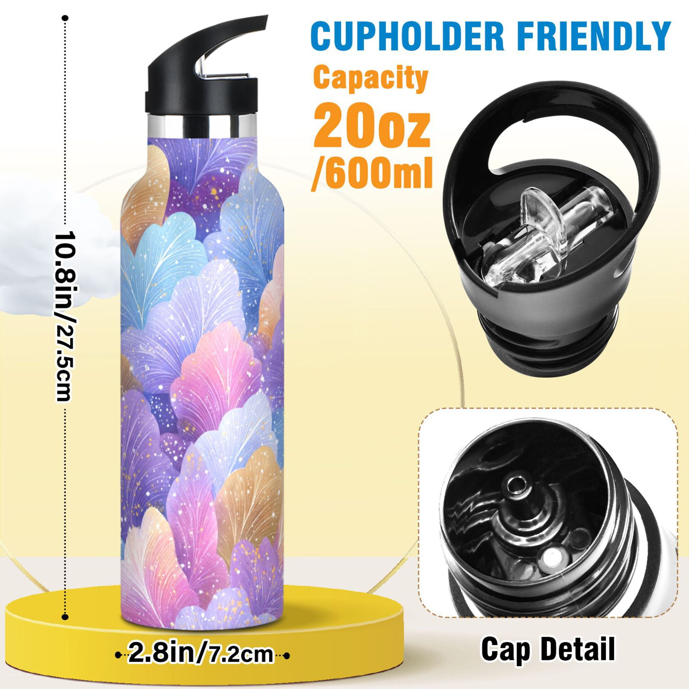 600ML Stainless Steel Insulated Cup Sports Water Bottle Portable Thermos Cup Water Glasses Insulated Tumblers Convenient and Durable Colorful Leaves
