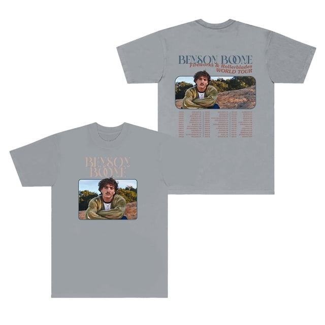 T-Shirt Benson Boone Feux d'Artifice et Patins à Roulettes Tournée Mondiale Femmes Hommes Col Rond Manches Courtes
