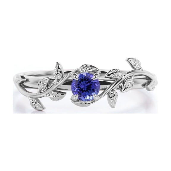 JeenMata Bohemian Design 0.50 Carat Round Cut Lab Grown Tanzanite Solitaire Engagement Ring in 18K White Gold Plating over Silver