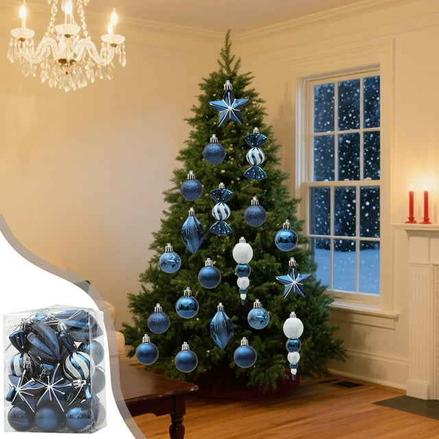 Nsxcdh Christmas Ball Hanging Set Plastic 29PCS Blue Multi Shape Lightweight Easy Hanging for Tree Holiday Ambiance Decor Home