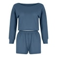thumbnail image 2 of QUYUON Women 2 Piece Outfits Shorts Sets Long Sleeve Scoop Neck Crop Tops Elastic High Waisted Shorts Pants Lounge Sets Casual Summer Solid Color Two Piece Outfits Pajamas Set Blue M, 2 of 4
