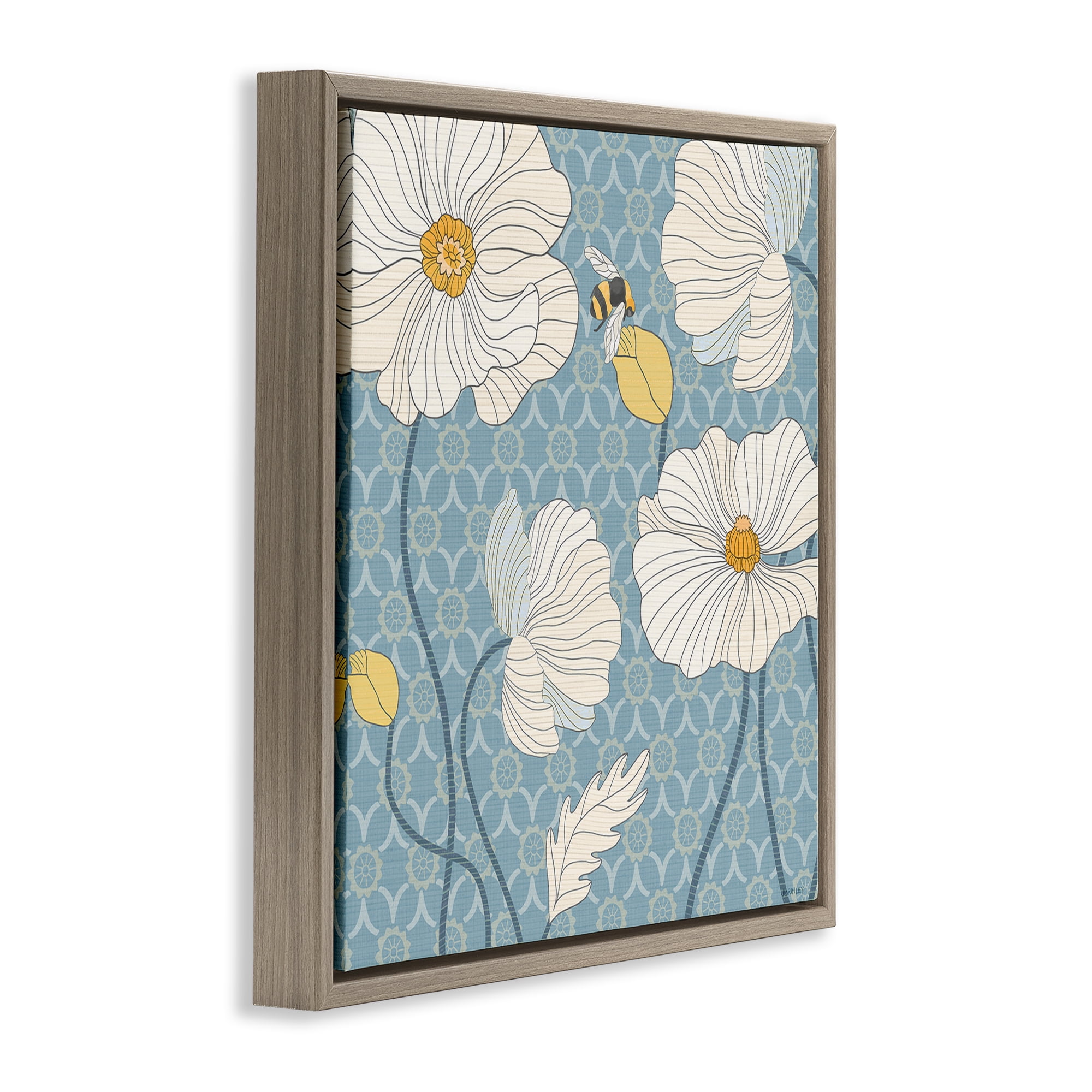 Stupell Industries Wild Poppies & Bee Botanical & Floral Painting Brown Floater Framed Canvas Art Print Wall Art, 18 x 18