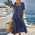 thumbnail image 6 of Ruimatai Women's Square Neck Gathered Short Sleeve Half-Button Loose Fit Casual Maxi Dresses with Pockets for Women Beach & Vacation Wear, 6 of 8