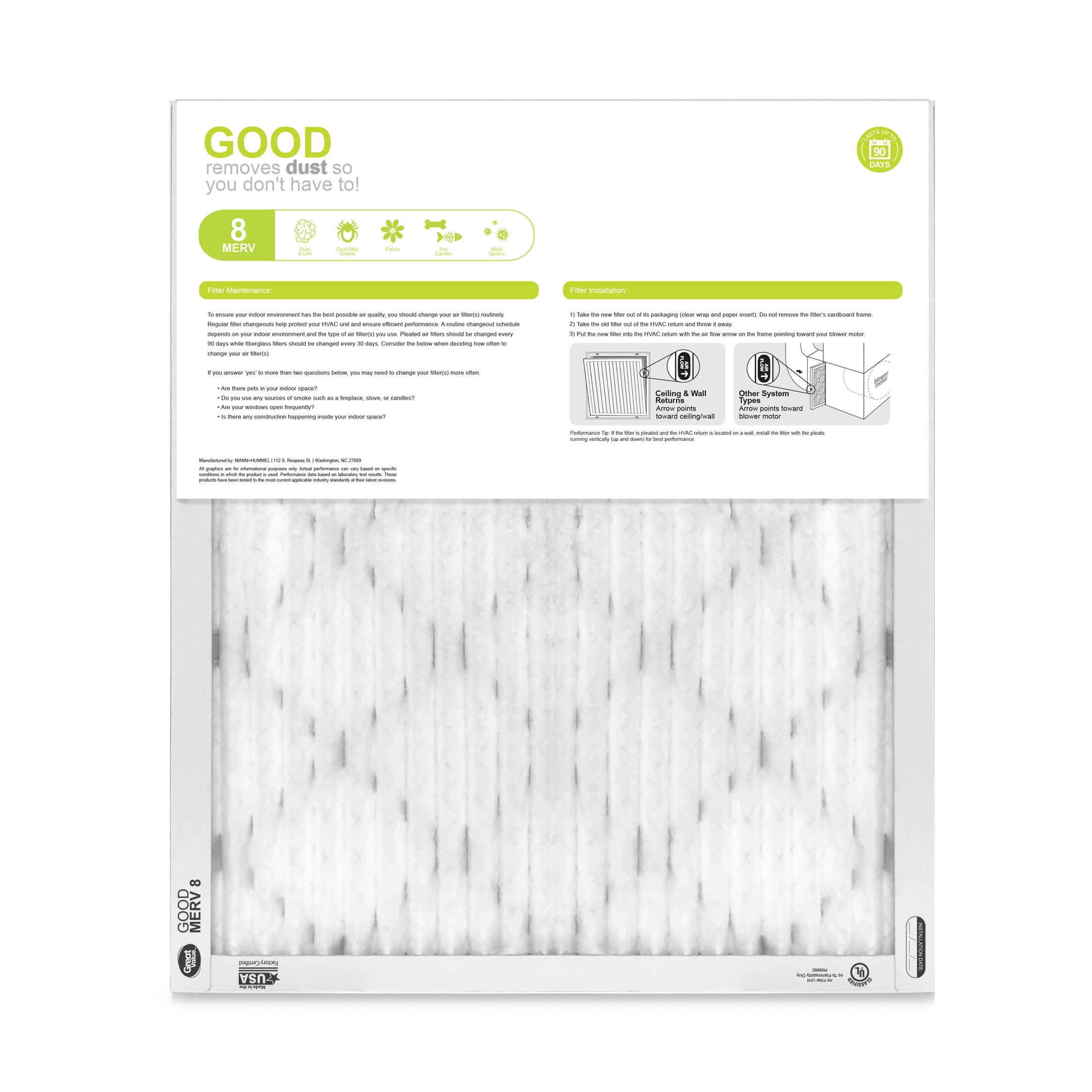 Great Value, 16x20x1, MERV 8 GOOD HVAC Air and Furnace Filter, Captures Dust, 2 Filters