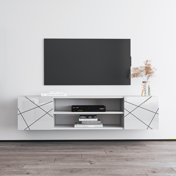 London EF TV Stand for TVs up to 70", Modern High Gloss 63" Entertainment Center, TV Media Console with Storage Cabinets