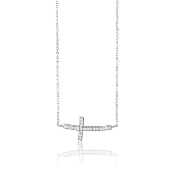 TheJewelryHut Fancy Designer Sterling Silver CZ Rhodium Curved Sideways Cross Necklace
