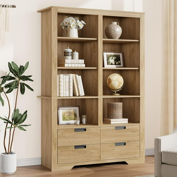 72" Tall Bookshelf with 4 Drawers, Farmhouse 6-Tier Double Wide Bookcase with Storage, Large Freestanding Bookshelf for Home Office and Living Room, Natural