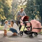 Reasea Foldable Double Stroller, Convertible Twin Stroller with Cup Holder, Double Infant Stroller for Newborn and Toddler, Pink