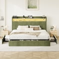 thumbnail image 3 of Amolife King Bed Frame, Ultra-Soft Velvet Upholstered Storage Bed with 2 Shelves LED Wingback Headboard, 3 Drawers & USB Ports, Green, 3 of 10