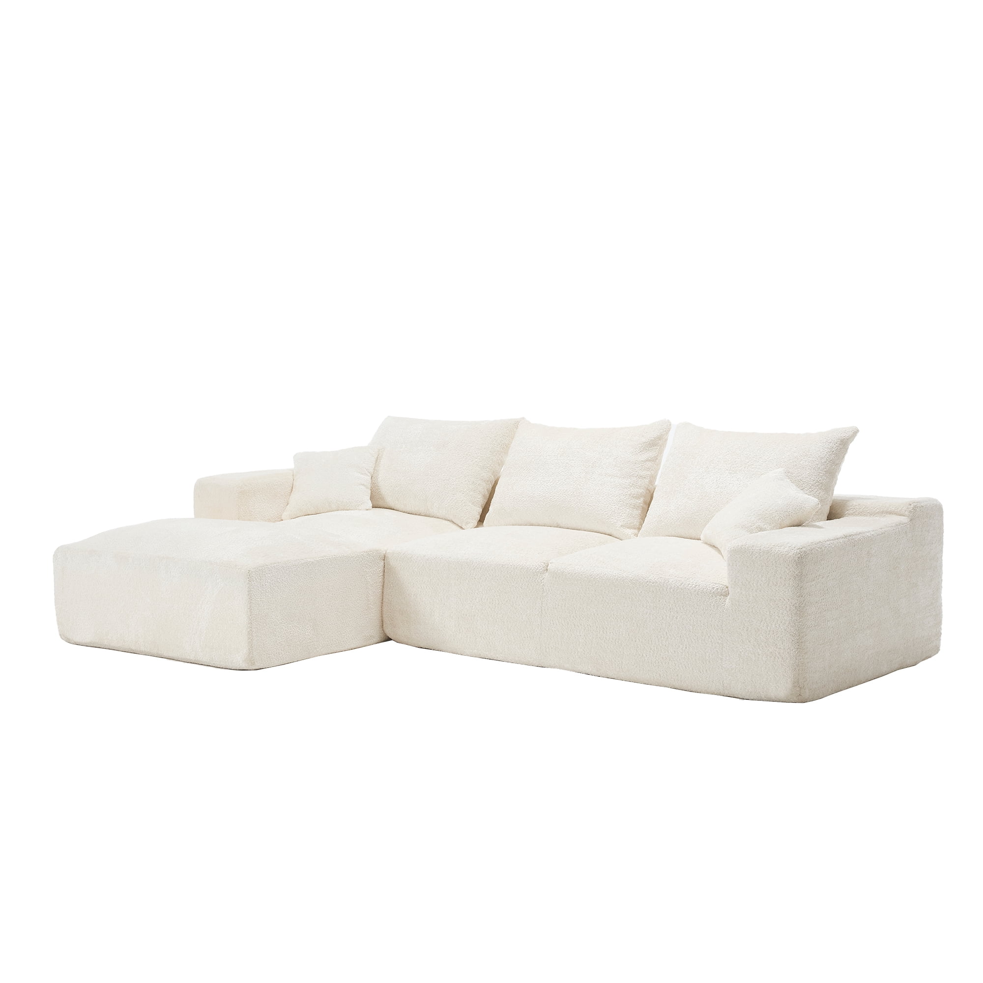MOONMISS Boucle Upholstered L-shaped Intimate Comfort Deep Seat Modern Sofa with 5 Pillows-Beige