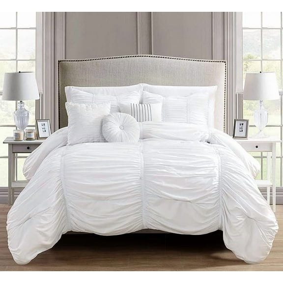 Elegant Comfort Softest, 10pc Pleated Bedding-in-a-Bag, Ruched Ruffle Comforter Set Featuring Decorative Pillows and Fitted Sheet with Storage Pockets, Pleated Comforter, Full/Queen, Pearl White