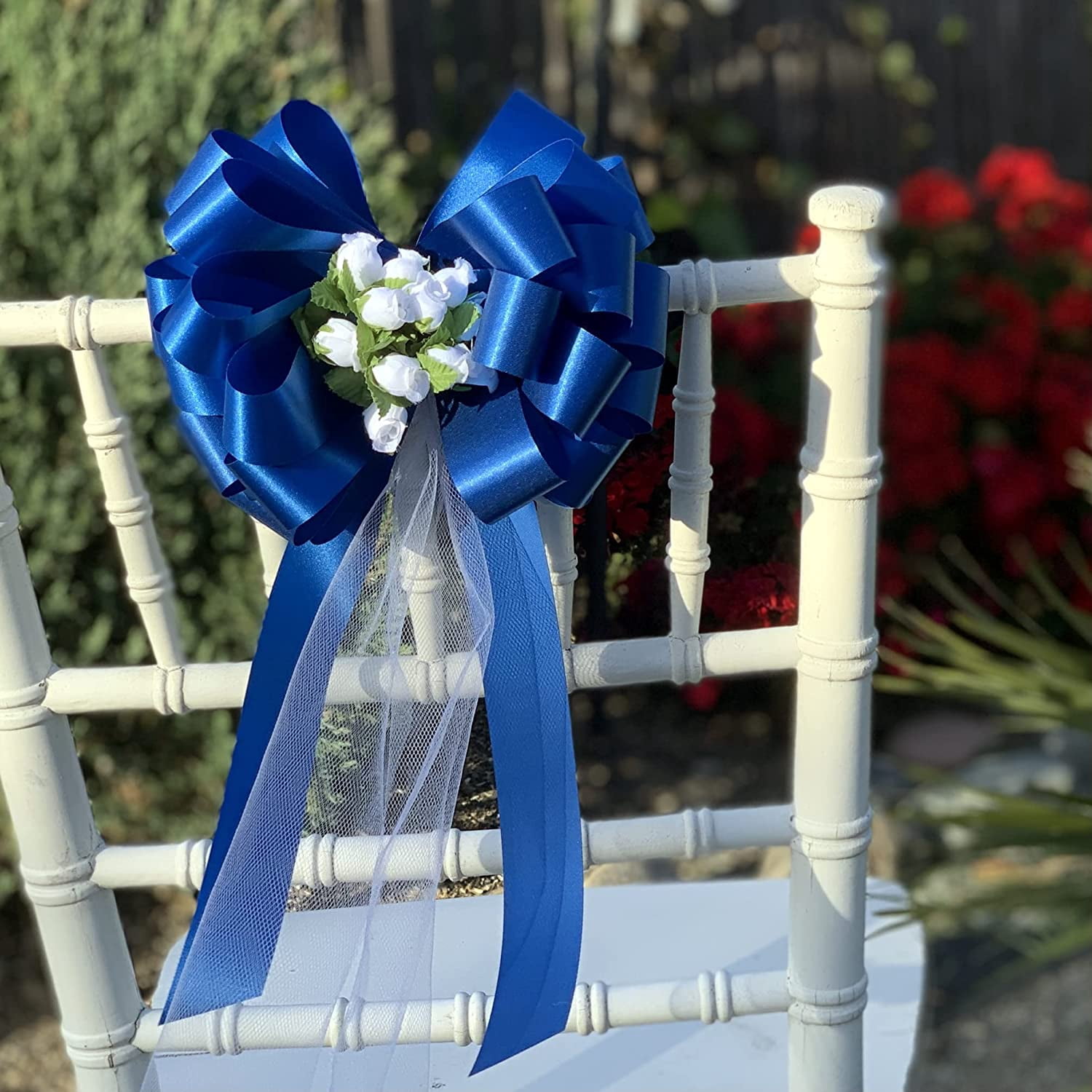 Blue Pull Bows with White Tulle Tails and Rosebuds - 8" Wide, Set of 6, Wedding Decor, Pew Bows, Reception, DIY, Anniversary