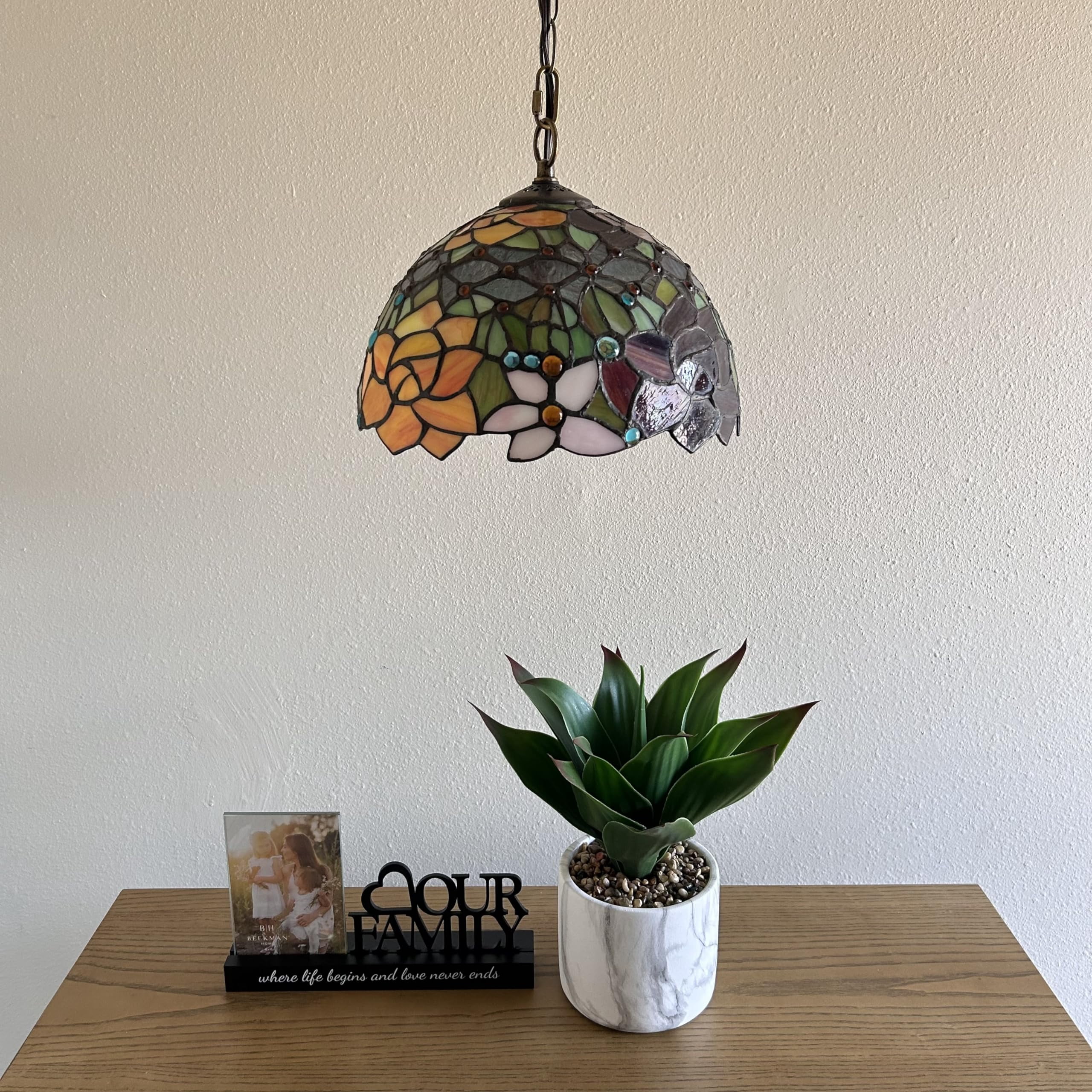 Tiffany Pendant Lights Fixture Red Orange Stained Glass Rose Flowers LED Bulb Included for Dining Room Hotel Restaurant Cafe 12"W*12"D*60"H