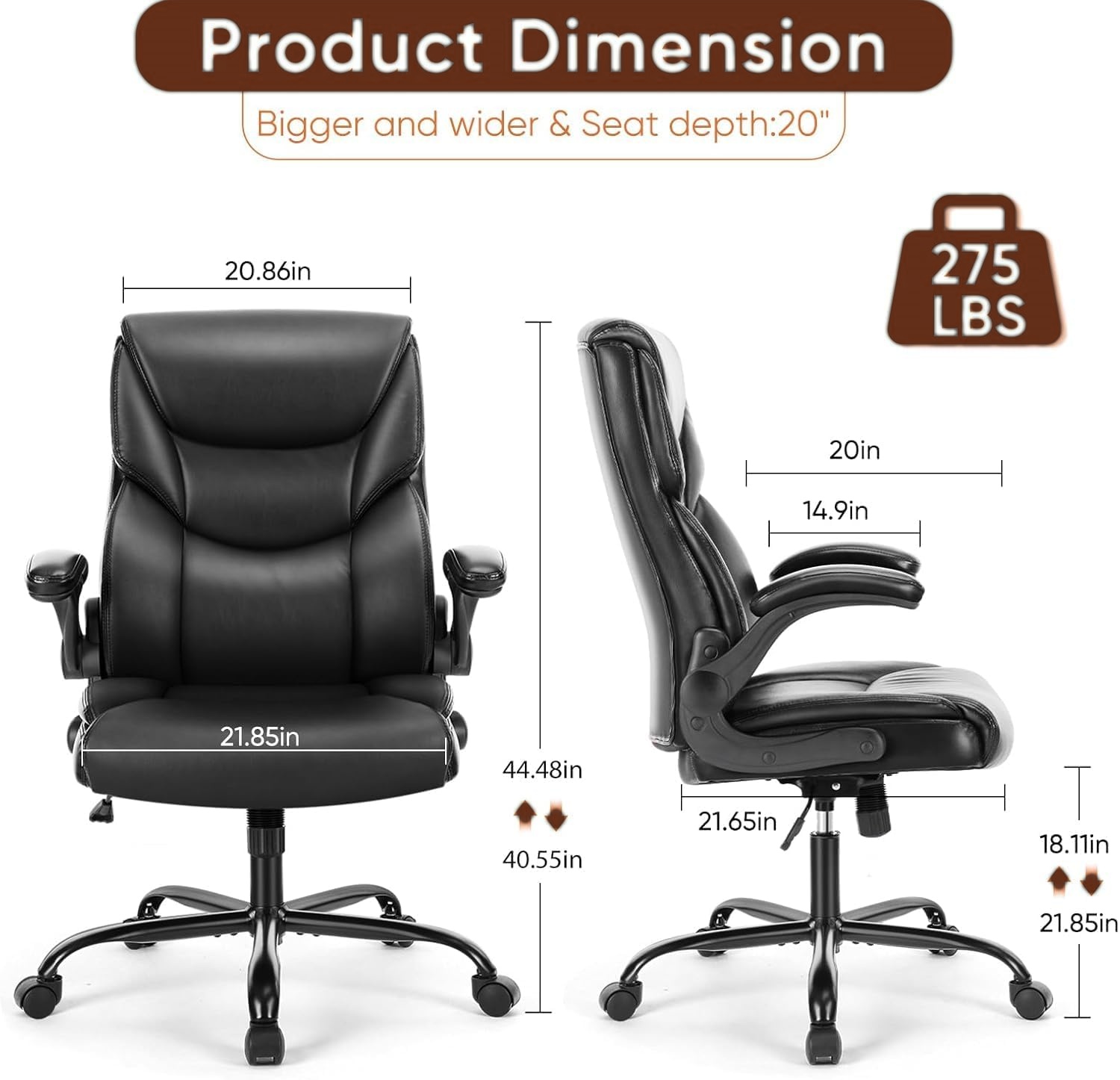 Ergonomic Office Chair, High Back Executive Desk Chair with Lumbar Support, Adjustable PU Leather Computer Chair with Flip-up Arms, Swivel Rolling Wheels Chair for Home and Office Use