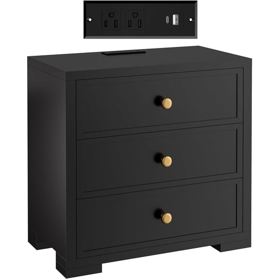 Nightstand with Drawers 3 Drawer Night Stand with Charging Station Farmhouse Style Large Bed Side Table for Bedroom Living Room (1, Black)