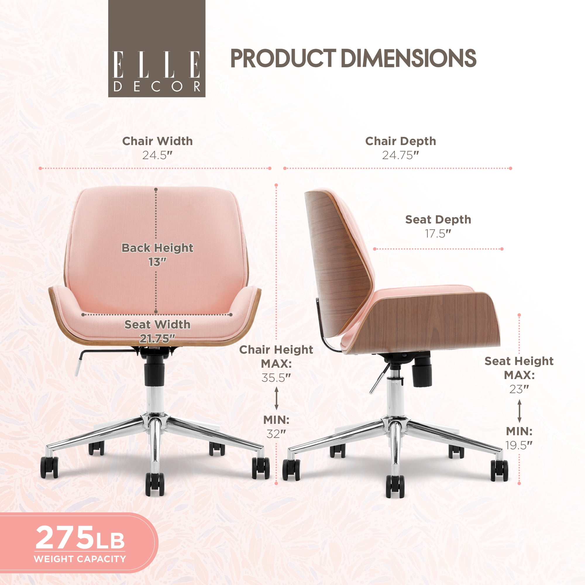 Elle Decor Ophelia Office Chair, Curved Bentwood Low-Back and Seat, Chrome Swivel Base, Woven Fabric, Blush Pink