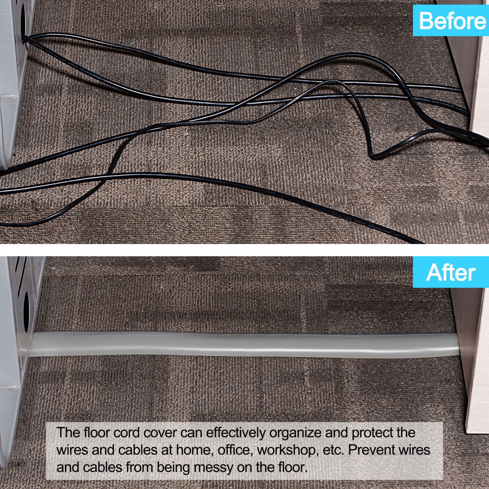 10ft Floor Cord Cover, Self Adhesive Cord Hider 0.5" W x 0.3" H for Cable Management Cable Protector, Brown Wood