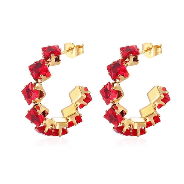 Nvzi Pendientes de acero inoxidable con circonita cúbica, pendientes sencillos y modernos de acero de titanio con diamantes de imitación de arcoíris (rojo)