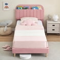thumbnail image 4 of Rosa tamaño individual marco de cama con almacenamiento cabecero, velvet forrado platform para para niños - de madera slats, easy to assemble, 4 of 8