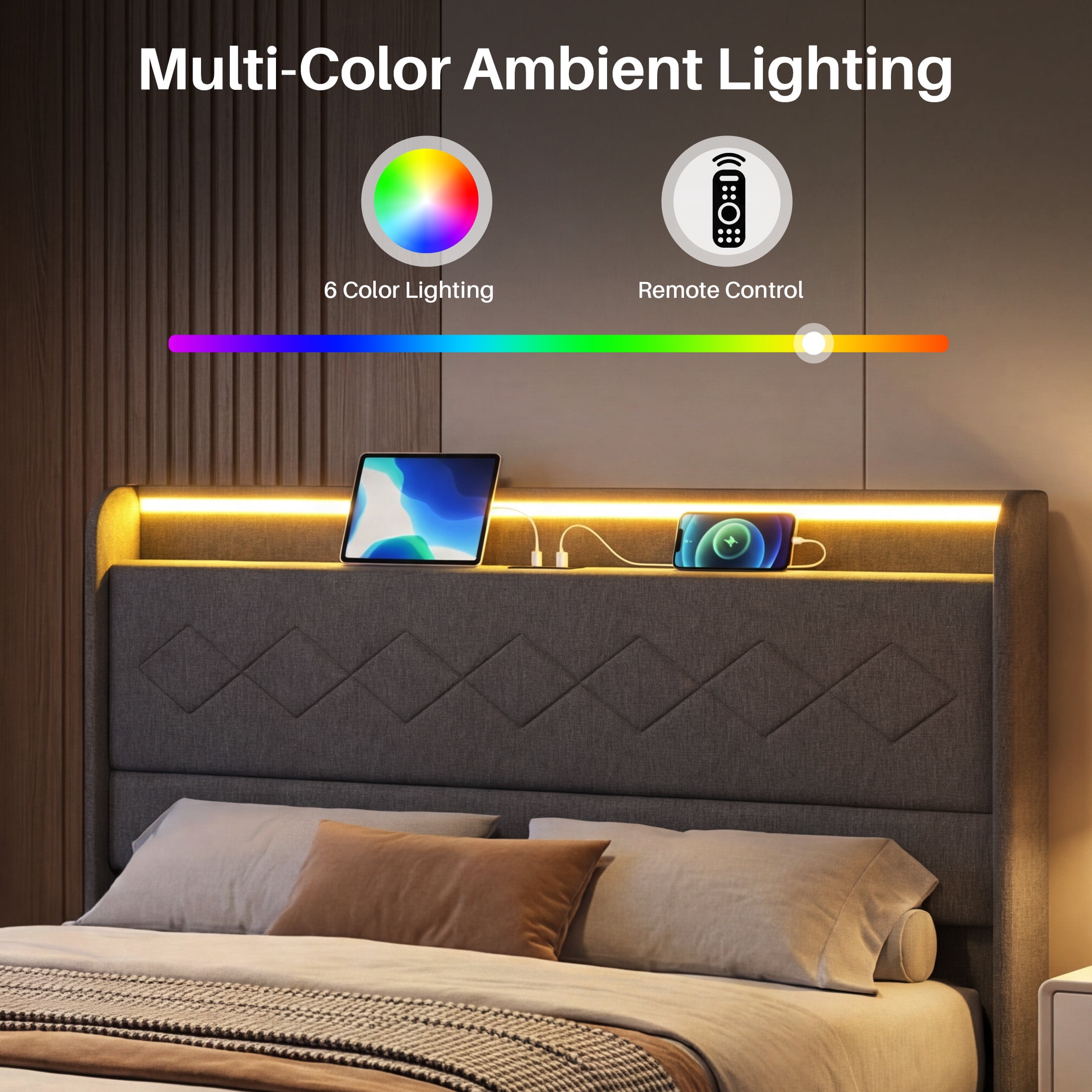 edx Upholstered King Bed Frame with Height-Adjustable Headboard, 3 USB Charging Ports, LED Light Strip & Bluetooth Controller, Gray