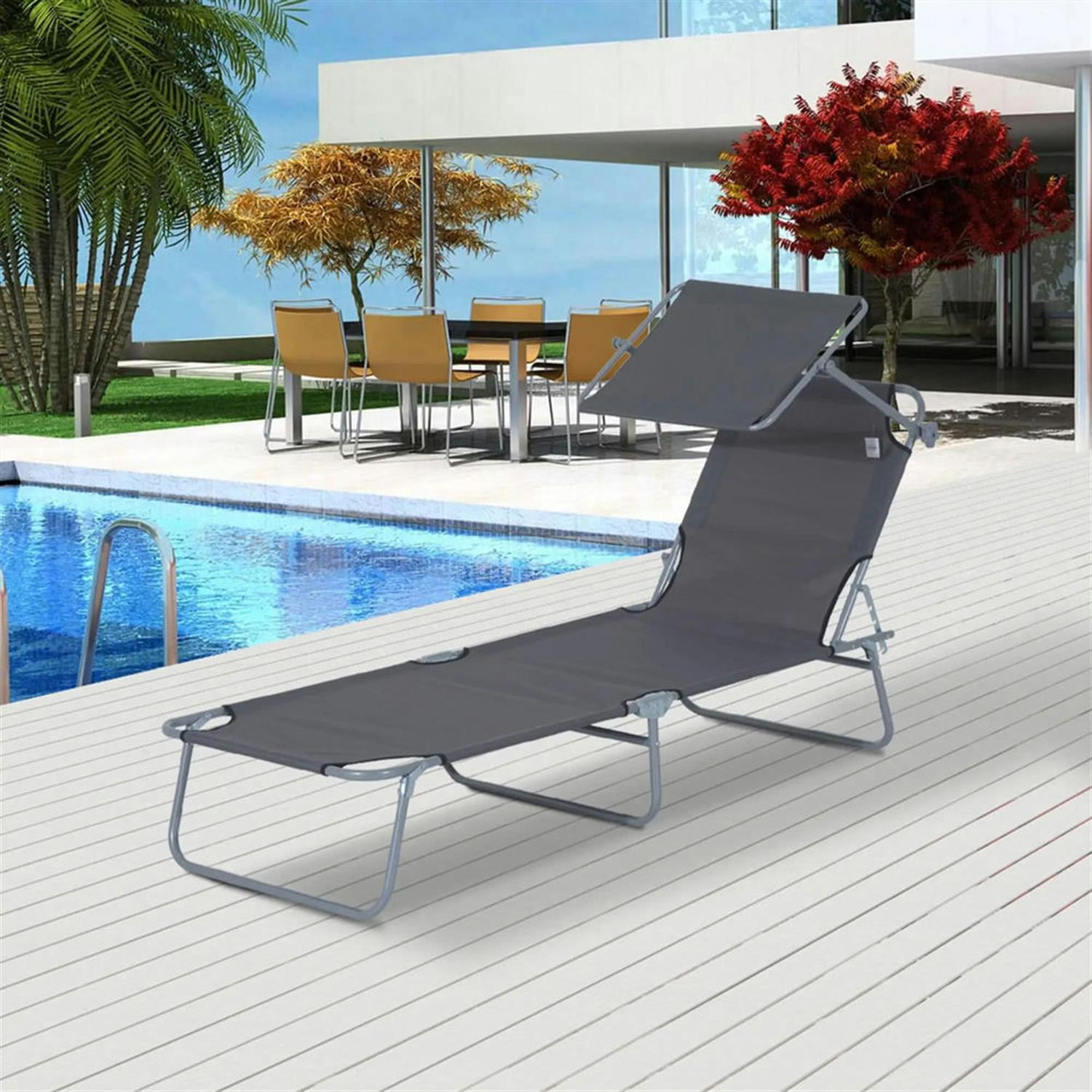 Demi Bonn Outdoor Folding Chaise Lounge, Collapsible Beach Tanning Seat Chair with Sun Protection, Portable Poolside Relaxation for Beach, Yard, Patio, Gray
