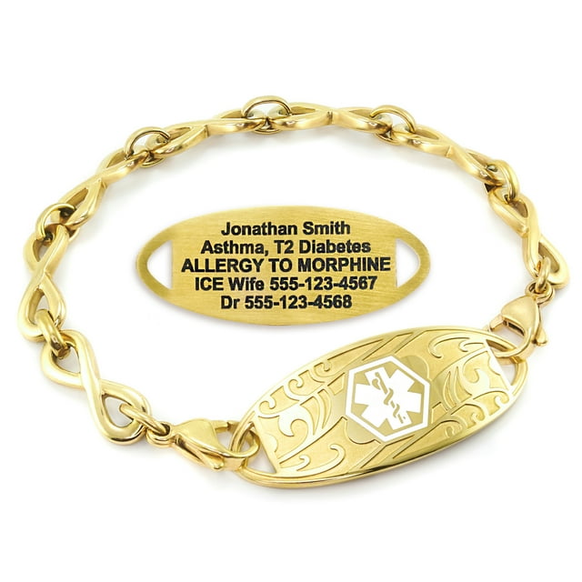 MedicEngraved Yellow Gold Stainless Steel Custom Medical Alert Bracelet - 6mm Infinity Link