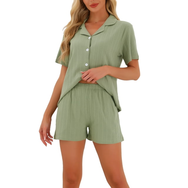 Conjunto de pijamas para mujeres INSPIRE CHIC 100% algodón, con botones, cuello de muesca, ropa de dormir de manga corta, traje de 2 piezas con bolsillos, talla XL, verde