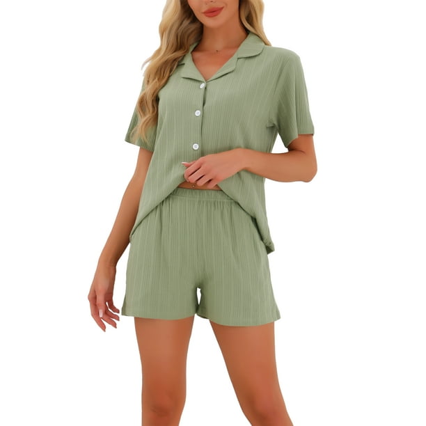 Conjunto de pijamas para mujeres INSPIRE CHIC 100% algodón, con botones, cuello de muesca, ropa de dormir de manga corta, traje de 2 piezas con bolsillos, talla XL, verde
