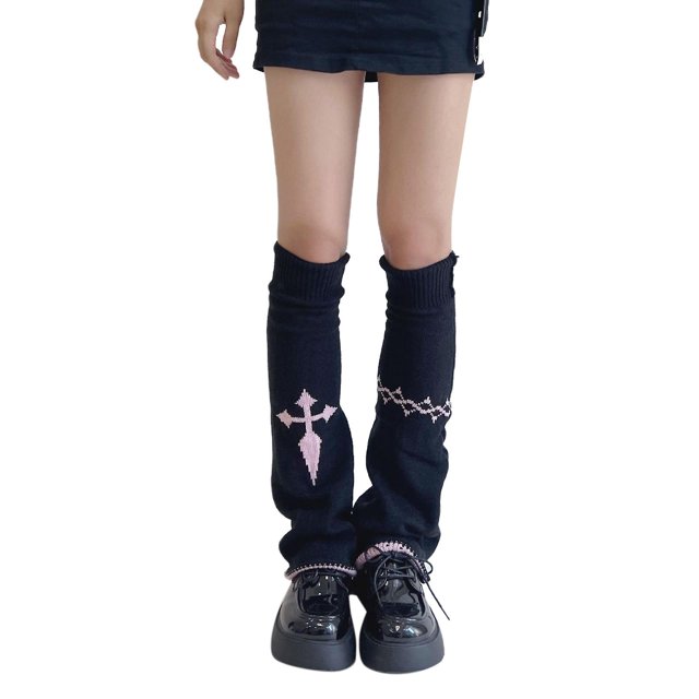 L Flower 1 Calentadores de piernas holgados acampanados Harajuku de otoño para mujer, calcetín largo tejido con estampado cruzado
