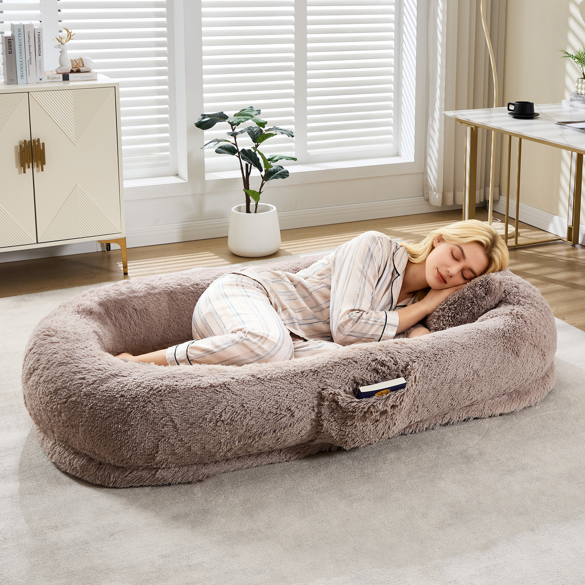 Human Size Dog Bed for People and Pets, 67×43×8 inch Orthopedic Foam Lounger with Removable Washable Faux Fur Cover, Raised Bolster, Side Pocket and Portable Strap, No Assembly Required, Cozy Floor B