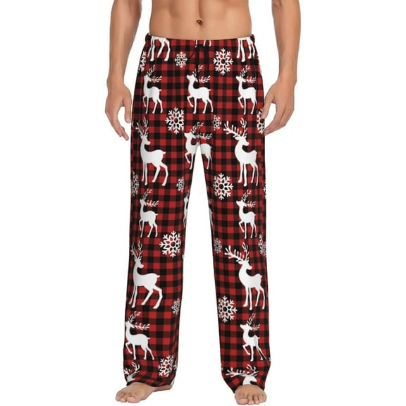 Logiee Plaid Reindeer Snowflakes Print Pajama Pants for Men,Men’s Pajama Bottoms,Mens PJ Pants with Pockets & Button Fly-Small