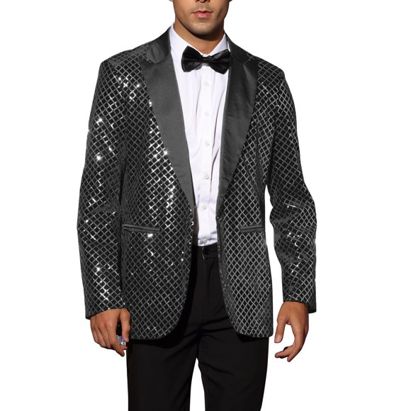 Blazer de lentejuelas INSPIRE CHIC para hombres con solapa de pico para fiesta de graduación M Negro Plateado